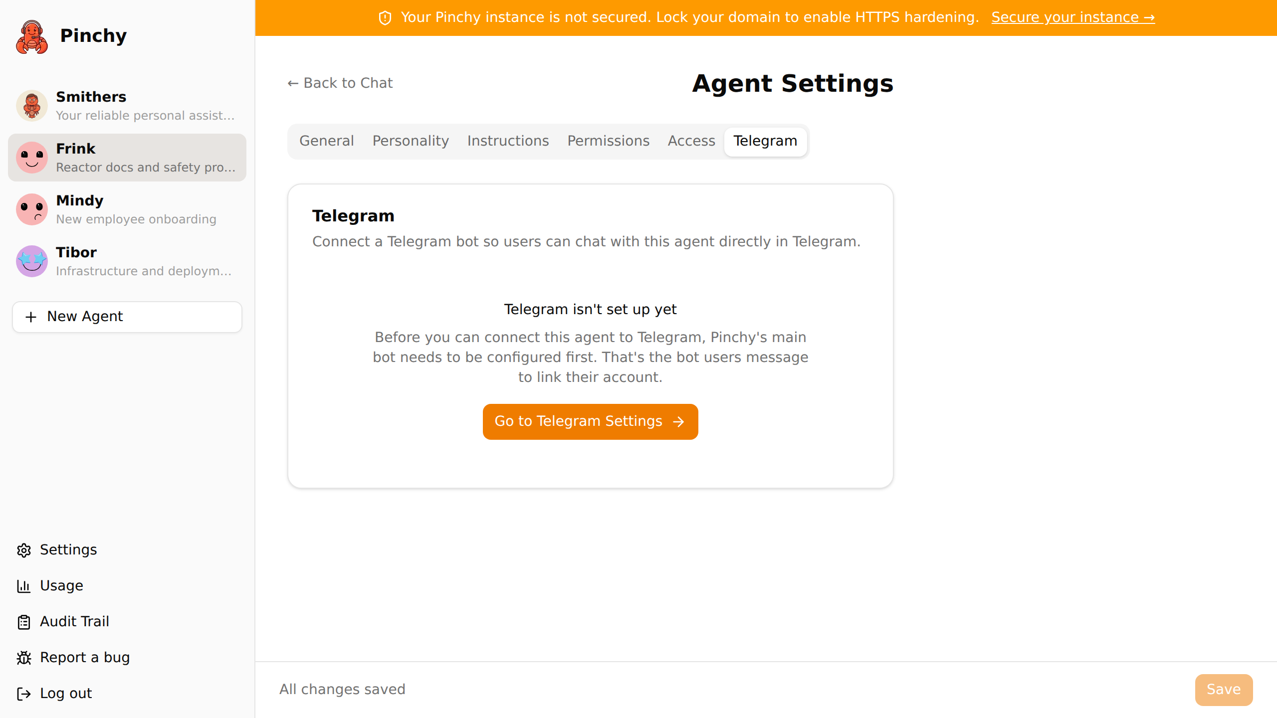 Agent Settings — Telegram tab with bot connection status