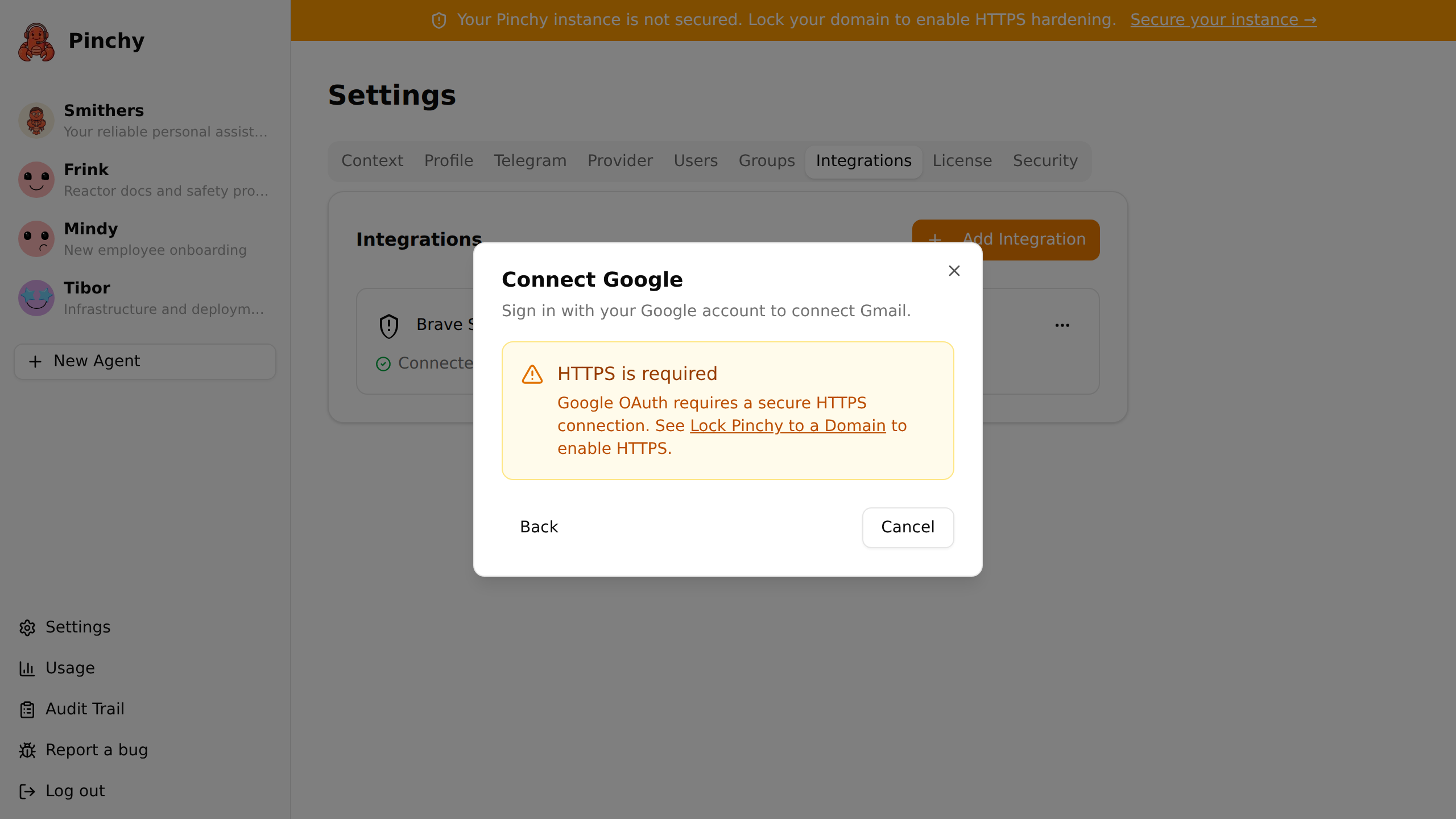 Add Integration → Google wizard with Client ID and Client Secret fields