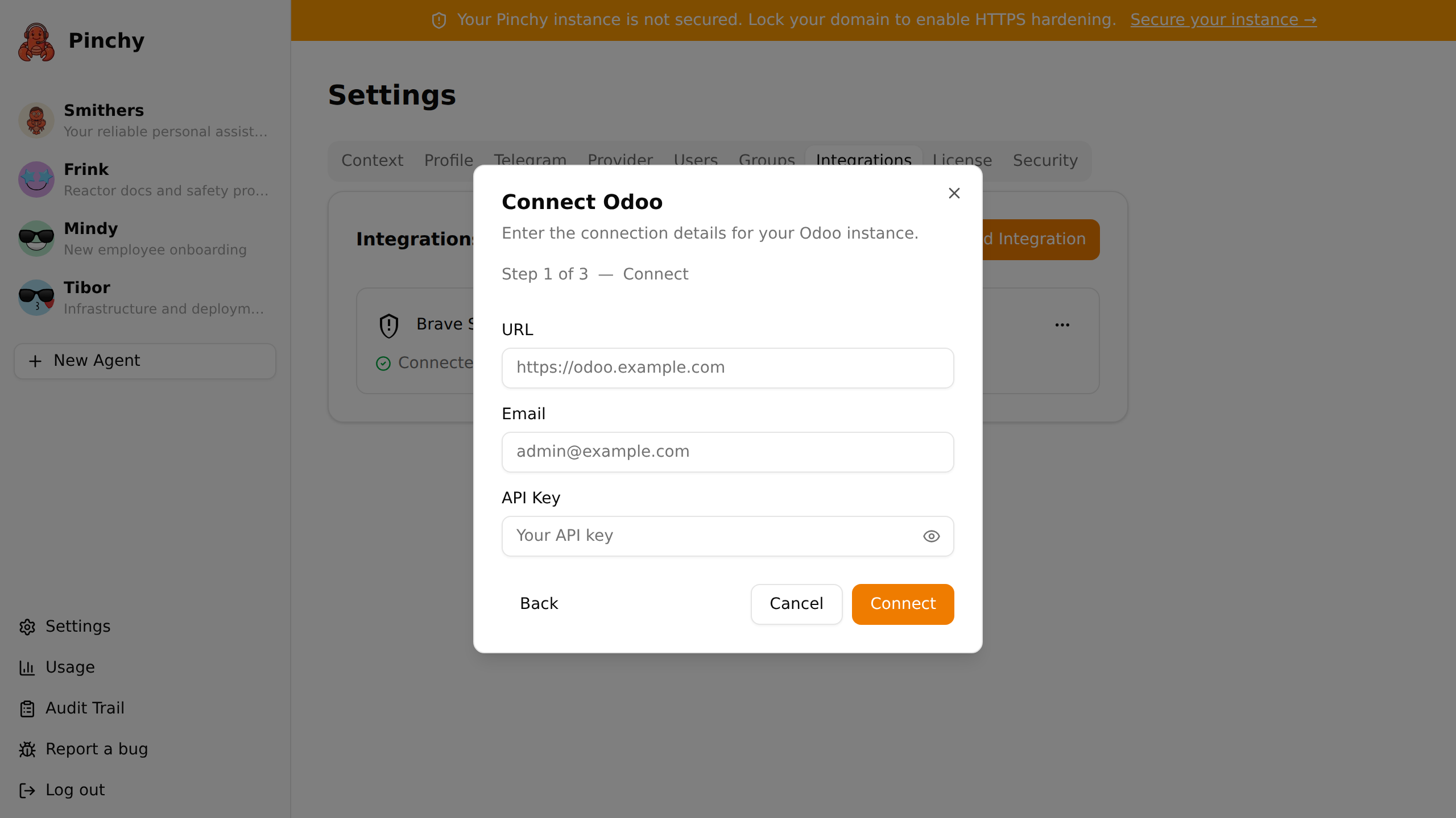 Add Integration → Odoo wizard with URL, database, email, and API key fields