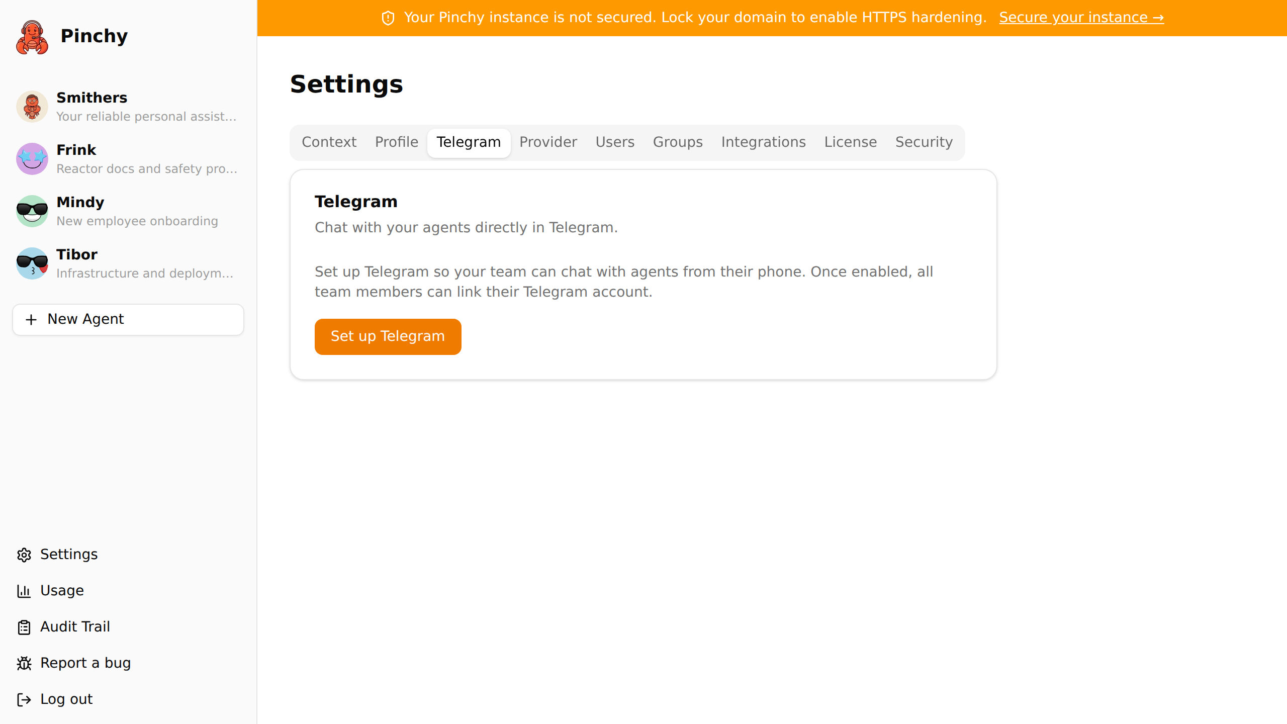 Settings → Telegram with bot setup and user pairing