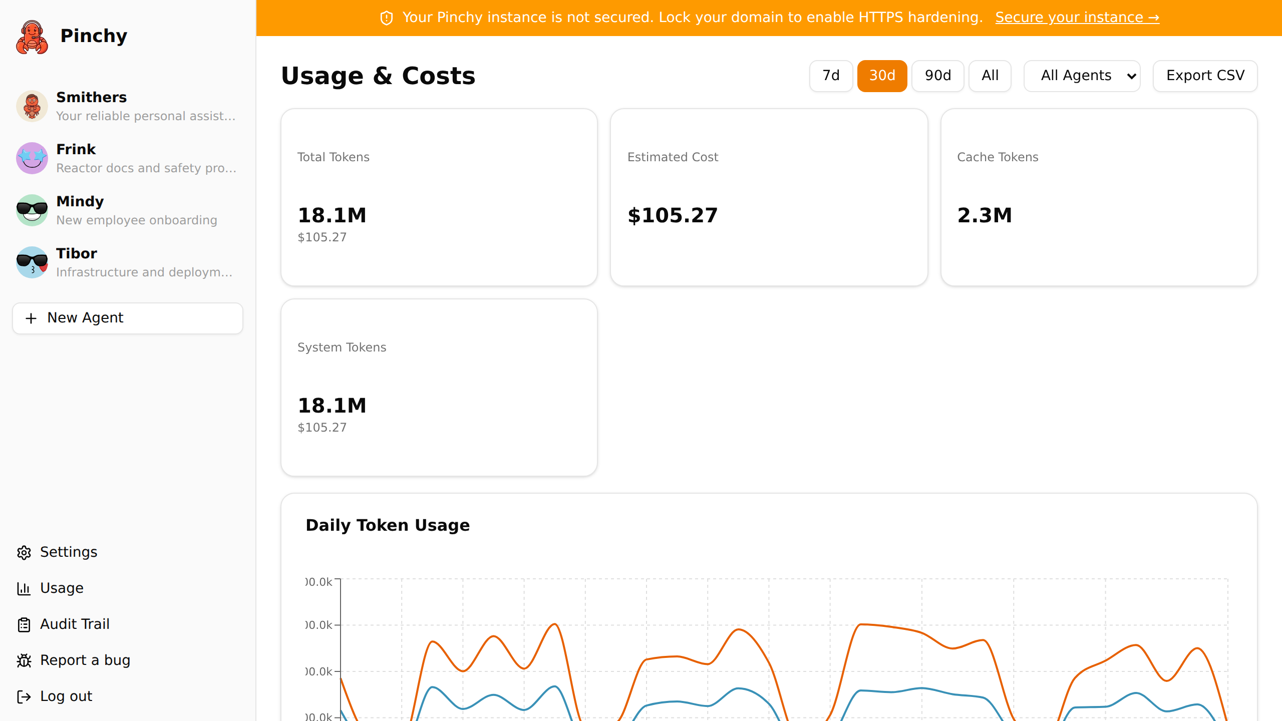 Usage & Costs dashboard with token totals, cost estimate, and per-agent breakdown